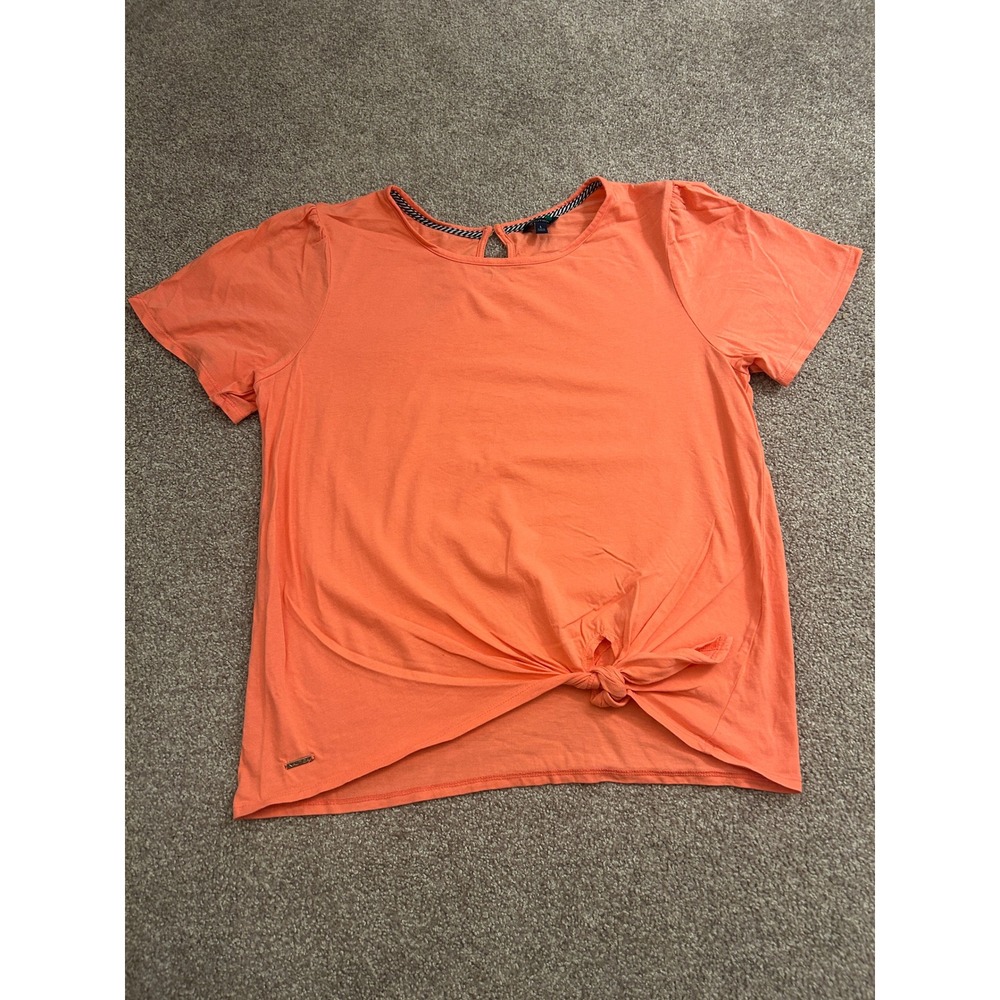 Nautica Side Tie T-Shirt Womens‎ L Orange Excellent Short Sleeve Keyhole Top